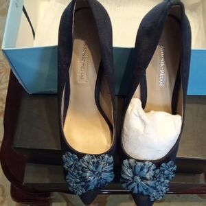 ANTONIO MELANI Navy Heels with Blue Floral Appliqué
